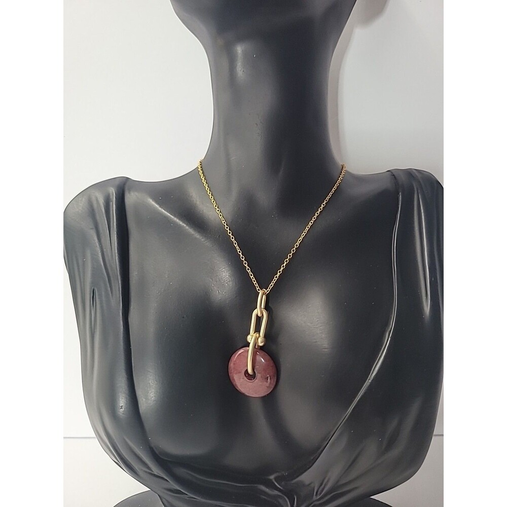 Gold Tone Pink Stone Donut Pendant Necklace Circle Pi Disc Minimalist Modern - Picture 5 of 11